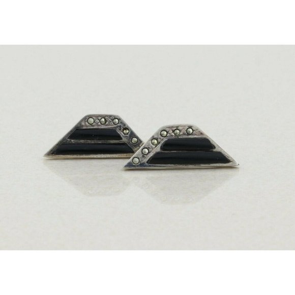 Sterling Silver Onyx and Marcasite Earrings Stud Post Earrings - Picture 1 of 9